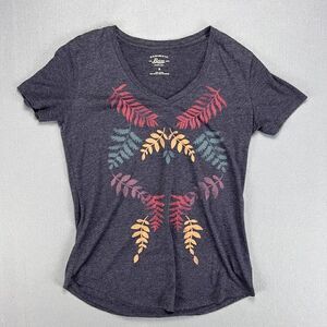 Bass T-Shirt Women's S Small Gray V Neck Fern Multicolor Botanical Print Stretch